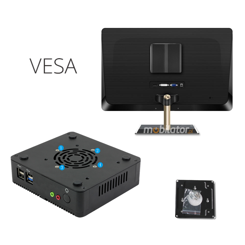 MiniPC yBOX-A30X Robust, efficient small fanless with the possibility of mounting beneath the desktop behind the monitor using the VESA mount